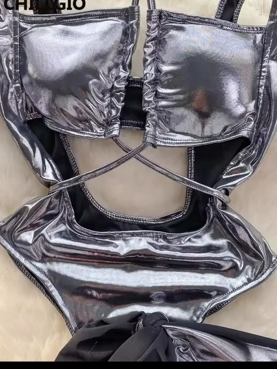 NWNT Metallic Silver Cutout Festival or Bathing Suit - Picture 6 of 7